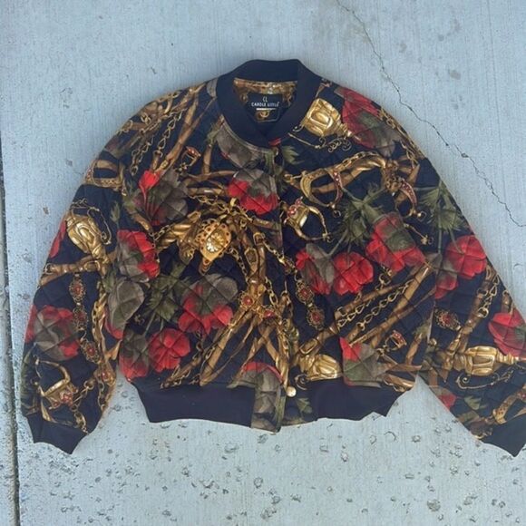 90s Era Vintage Chain Pattern Tapestry Button-Up Quilt Coat - Size Medium - Picture 1 of 7